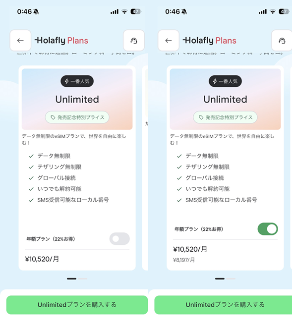 Holaflty unlimitedの年間契約がお得になるという実際の画面