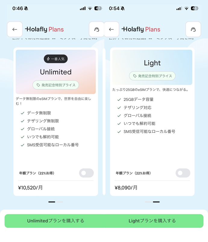 Holaflty unlimitedとLightプランの実際の購入画面